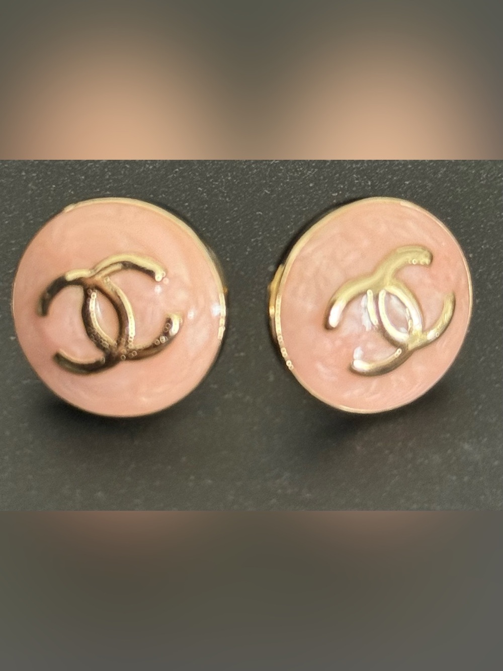CHANEL Pink Enamel CC Logo Button Earrings with Gold Tone